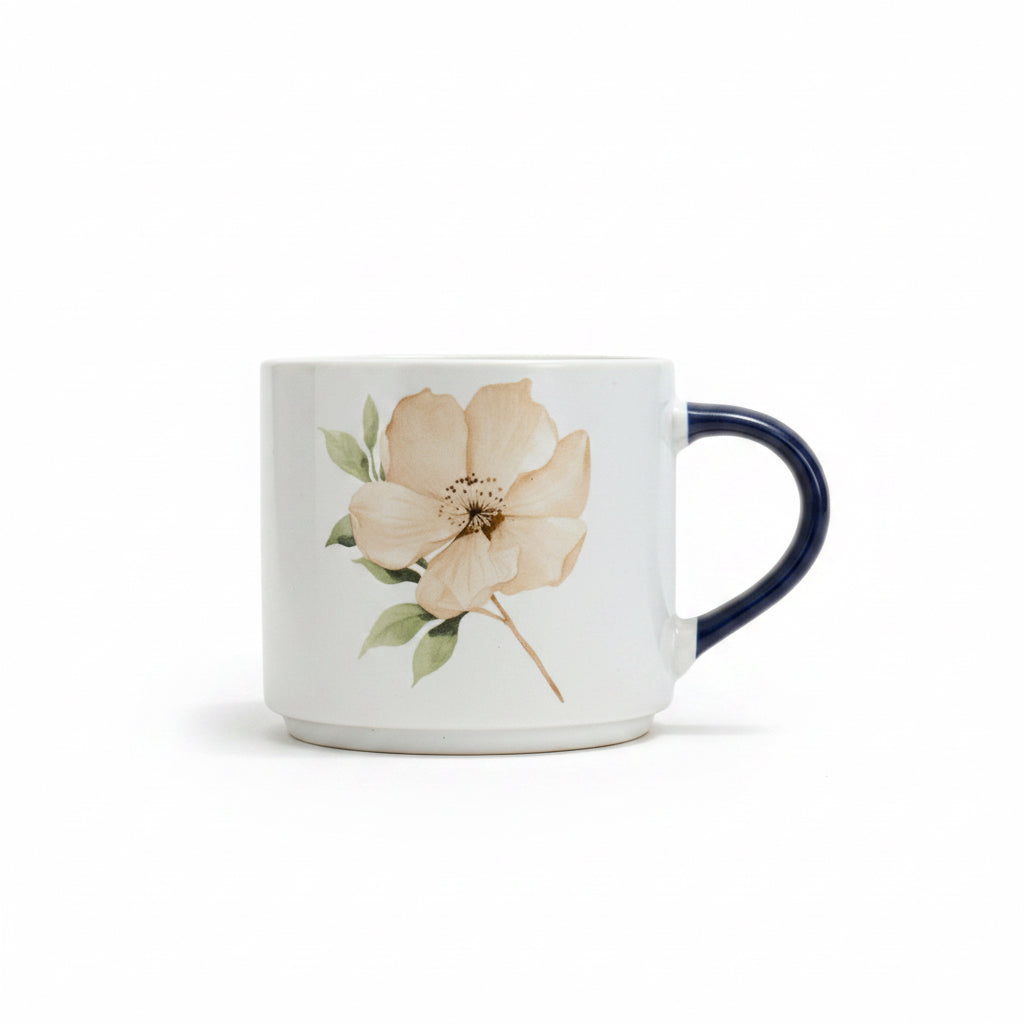 Peony Bloom Ceramic Mug — Navy Handle