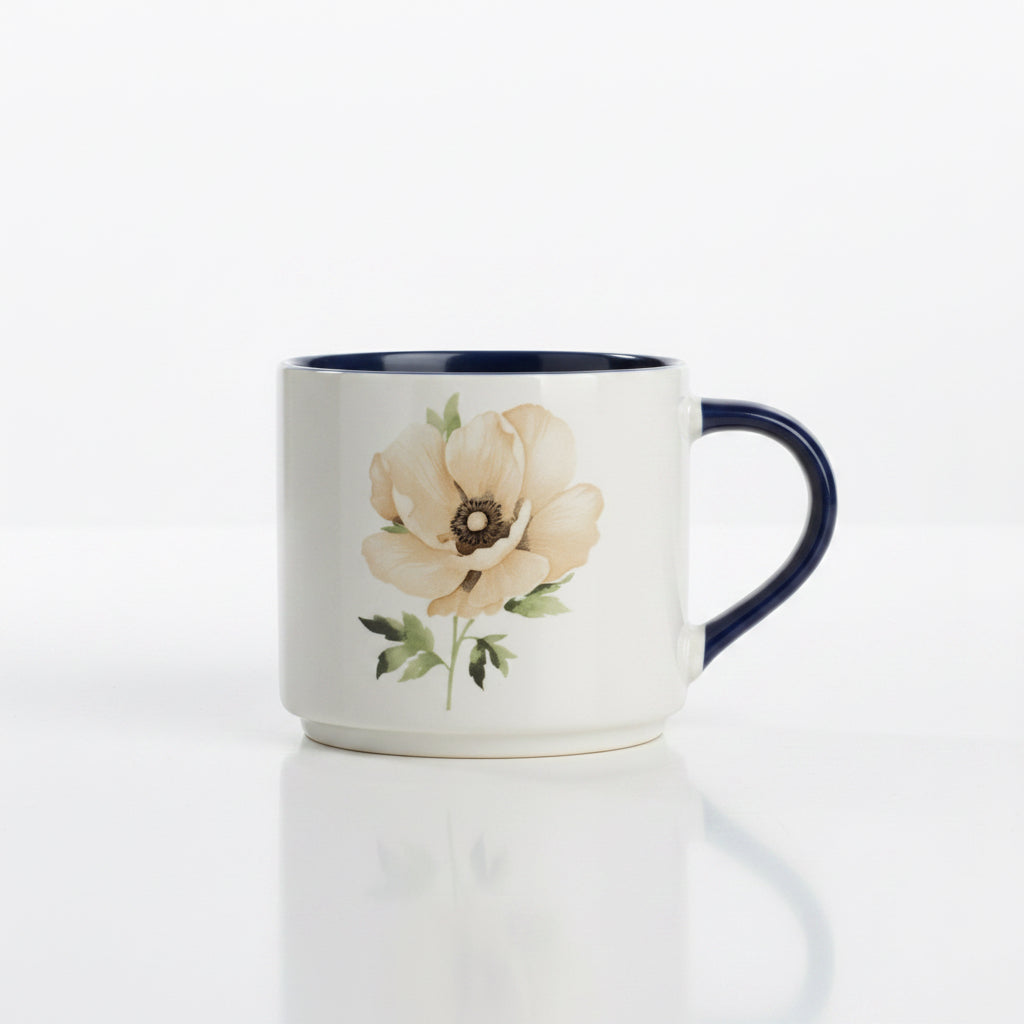 Peony Bloom Ceramic Mug — Navy Handle