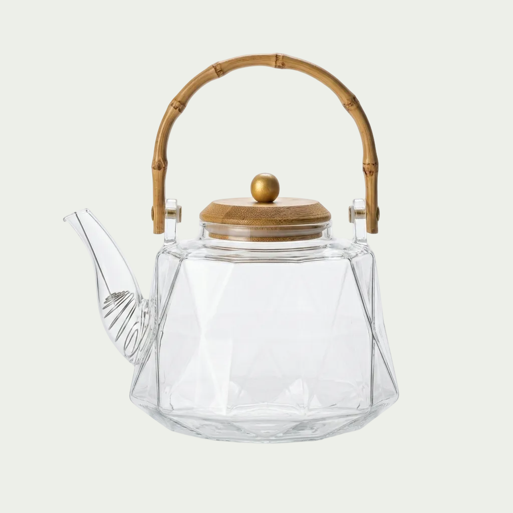 Geometric Glass Teapot with Bamboo Handle